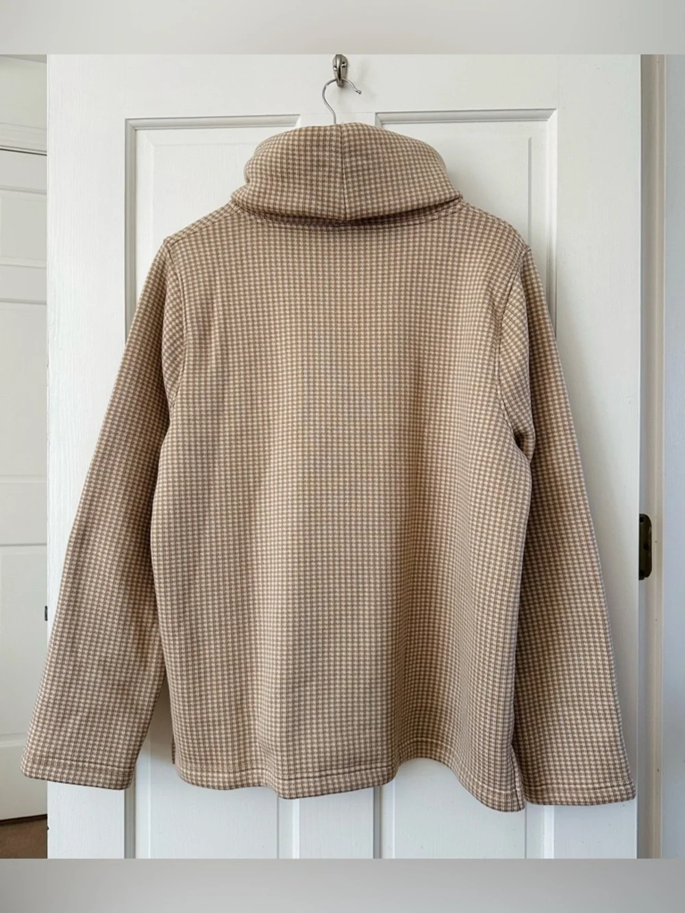 J. CREW Houndstooth Funnel Neck Sweater Camel Cream Pullover Cozy Size XXL